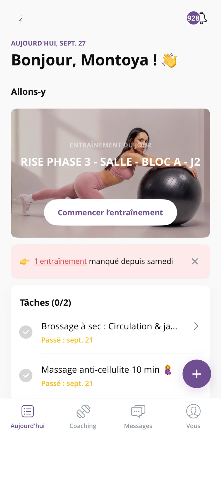 Accueil de l'application MAKEACHAMP : entraînement du jour et tâches