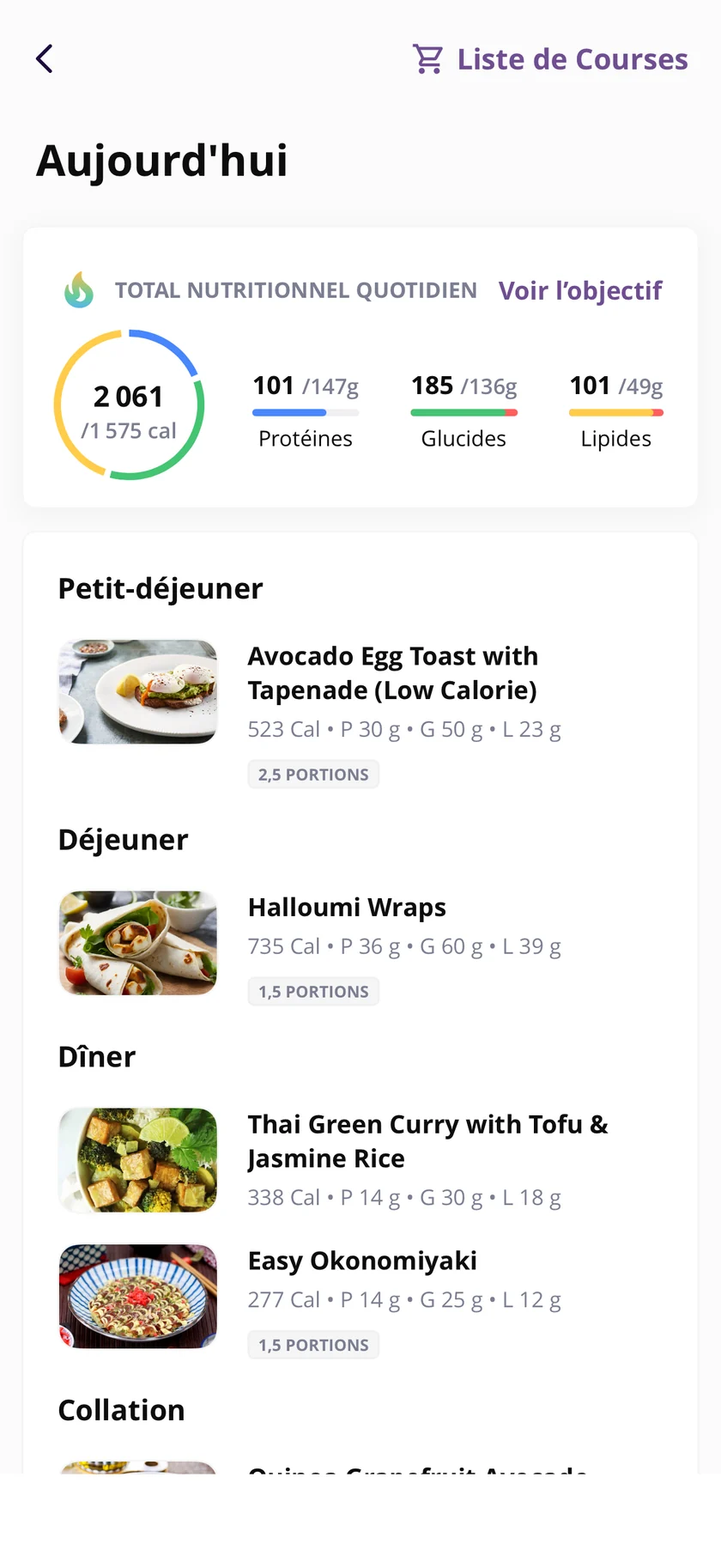 Nutrition dans l'application : total nutritionnel, repas et liste de courses
