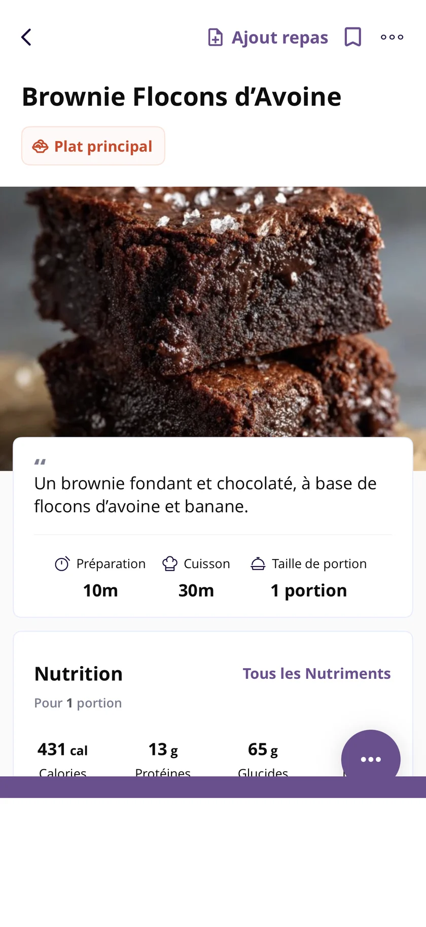 Une recette de l'application MAKEACHAMP avec ses valeurs nutritionnelles